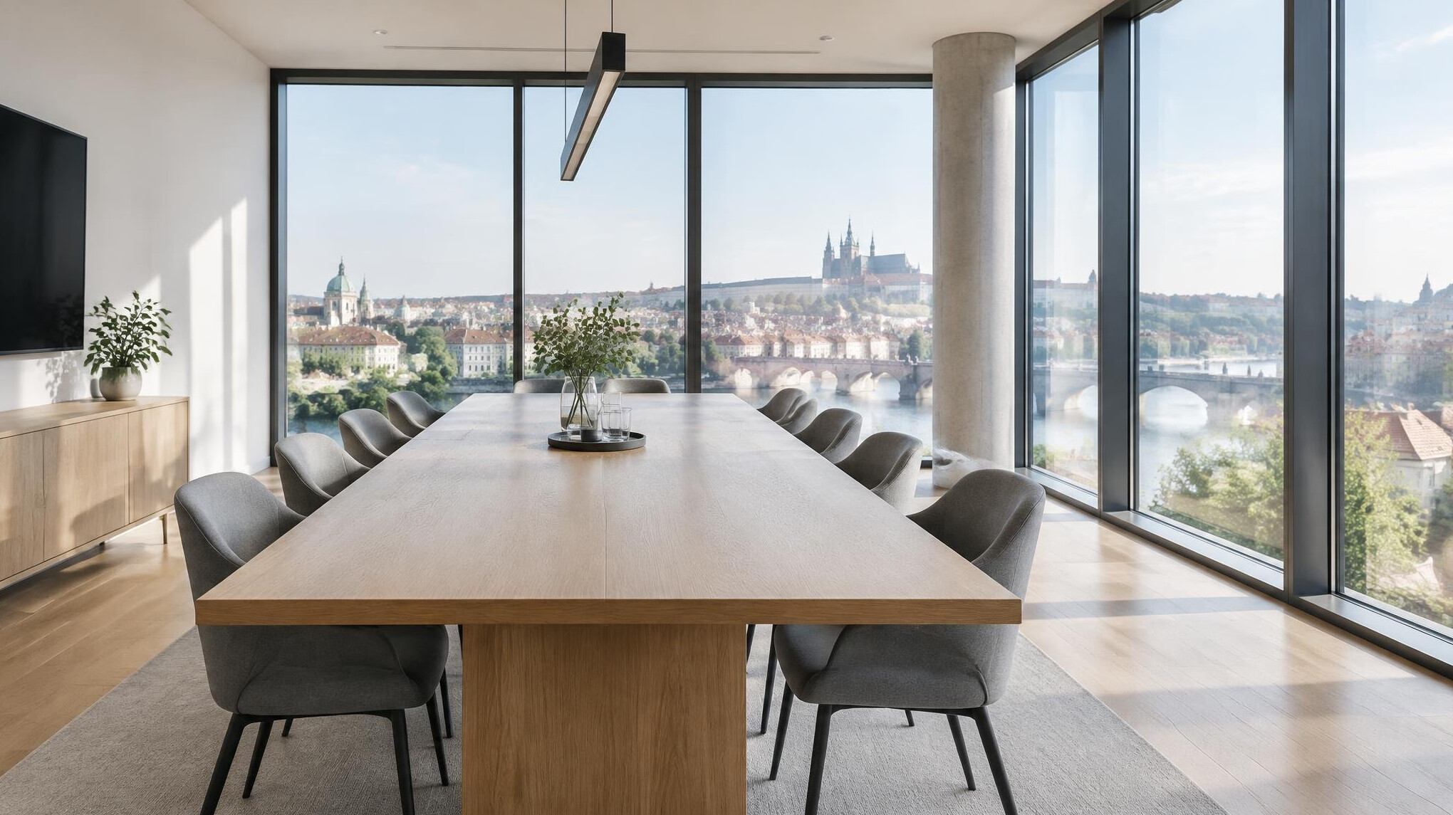 Bright modern office meeting room with large windows