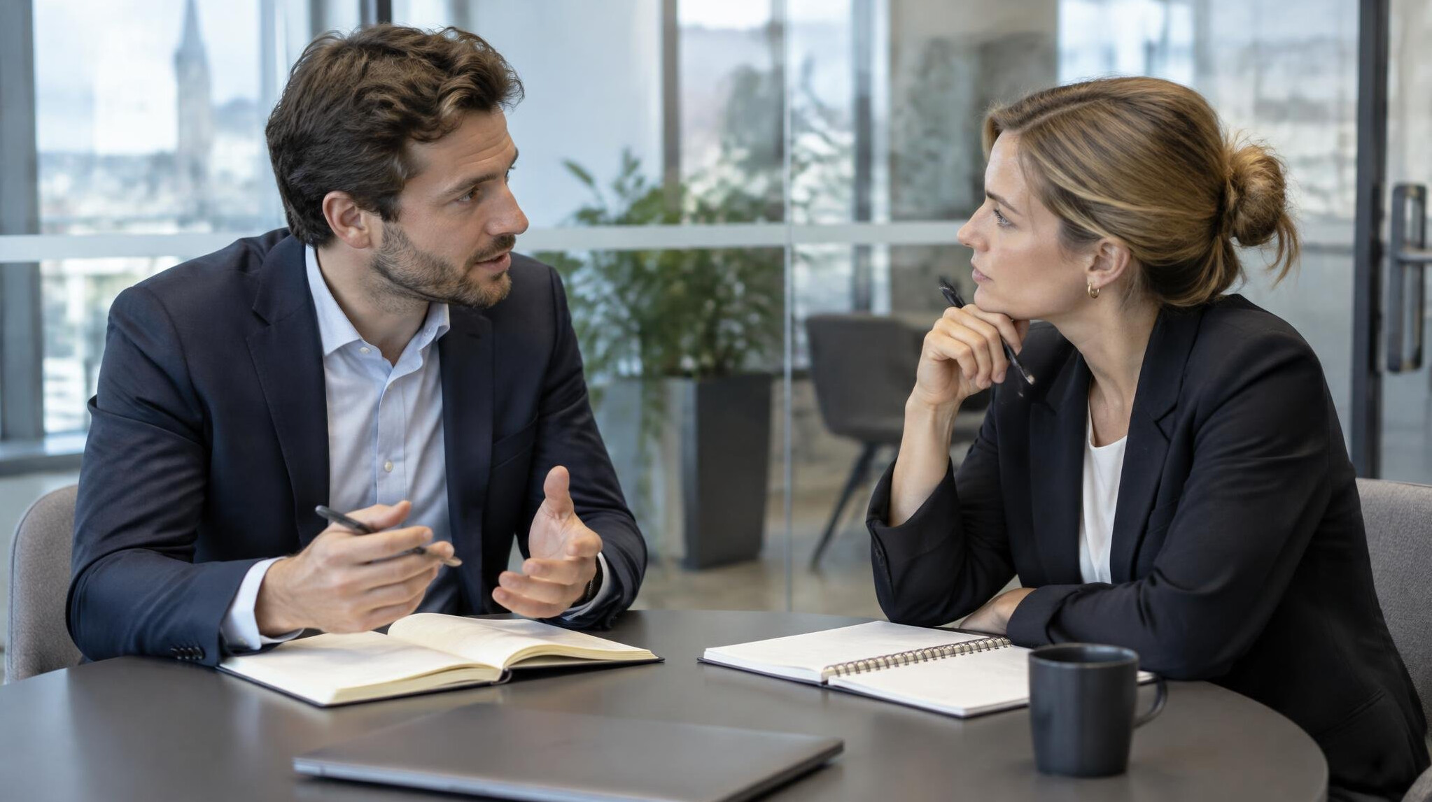 Two colleagues having a conversation with notebooks in a meeting room