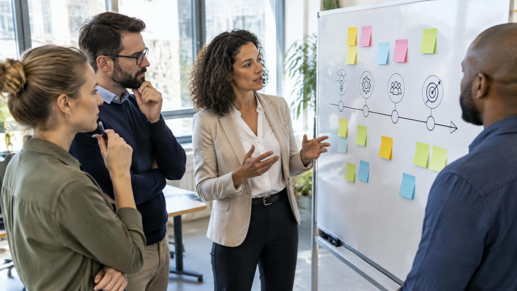 Team reviewing a project roadmap on a whiteboard