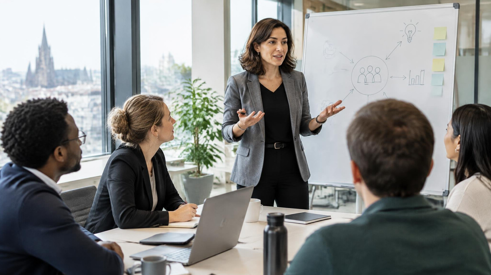 Facilitator leading a management workshop in a modern meeting room