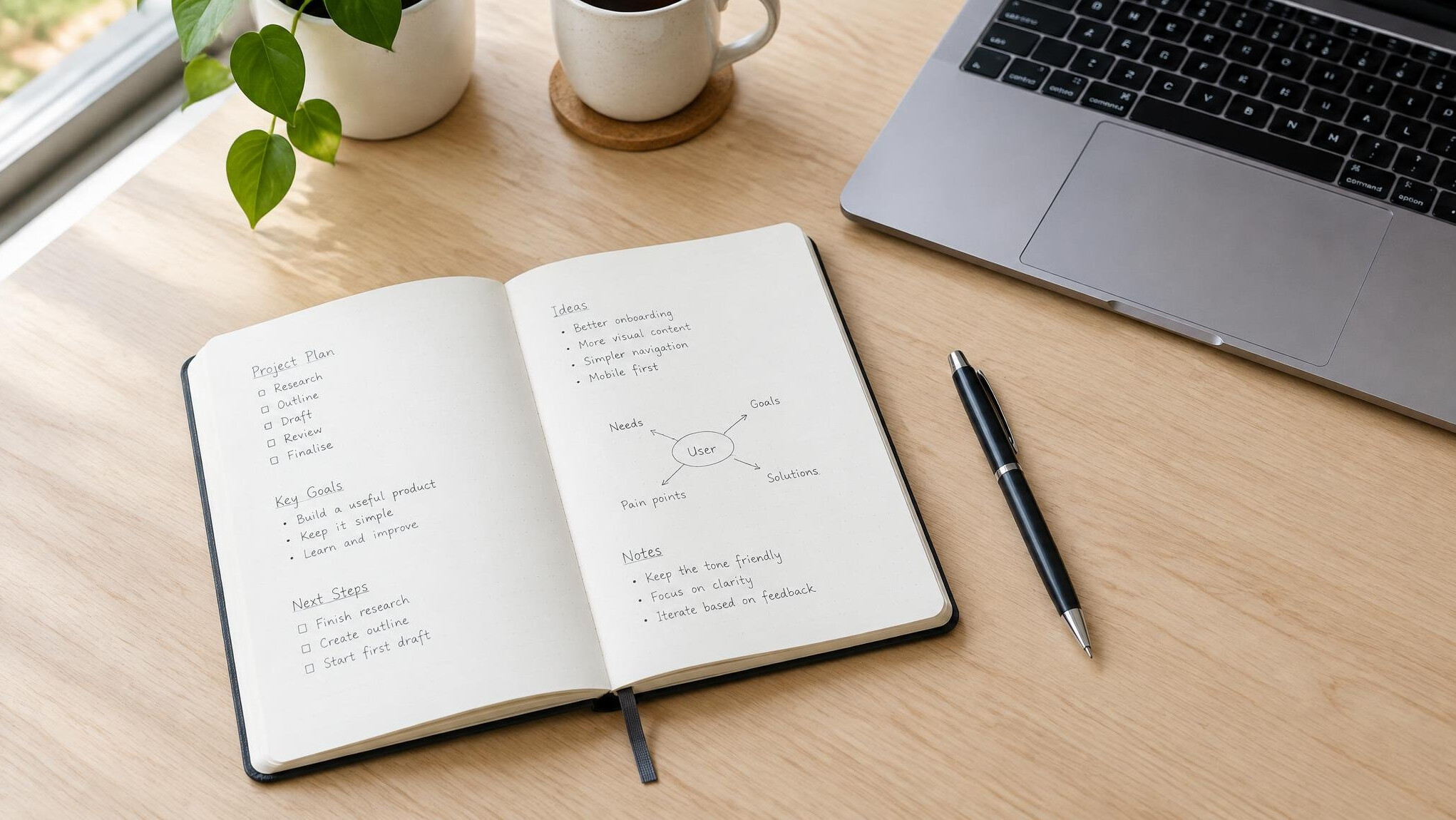Open notebook, pen and laptop on a wooden desk